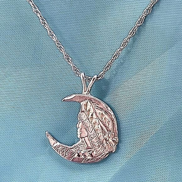Source Unknown Jewelry - VTG Folksy 925 Woman in Moon Pendant Necklace